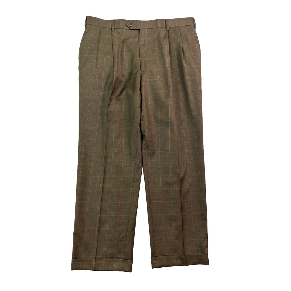 Jos A Bank 38x29 Brown Windowpane Suit Pants 100% Wool Pleated Trousers Cuffed - Picture 1 of 9